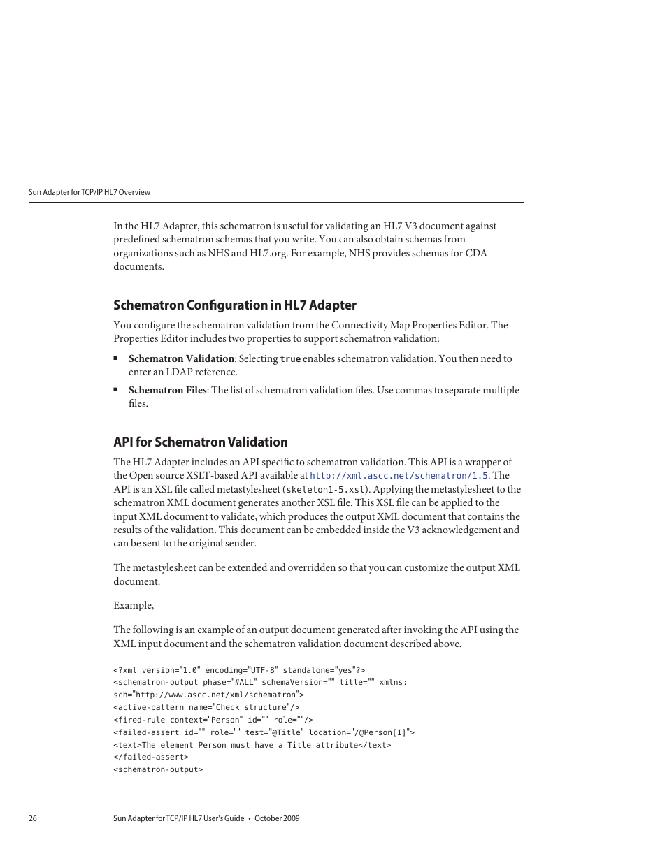 Schematron configuration in hl7 adapter, Api for schematron validation | Sun Microsystems Sun Adapter IP HL 7 User Manual | Page 26 / 150