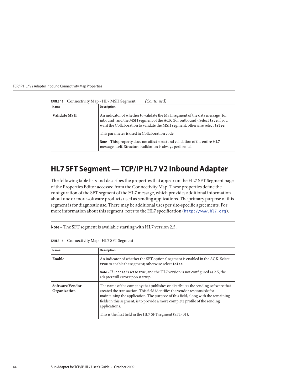 Hl7 sft segment — tcp/ip hl7 v2 inbound adapter | Sun Microsystems Sun Adapter IP HL 7 User Manual | Page 44 / 150