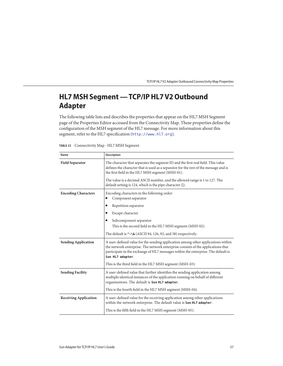 Hl7 msh segment — tcp/ip hl7 v2 outbound adapter | Sun Microsystems Sun Adapter IP HL 7 User Manual | Page 57 / 150