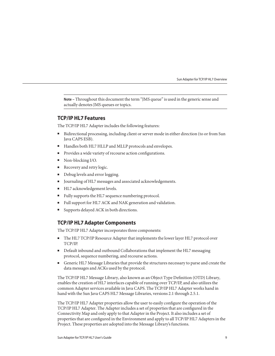 Tcp/ip hl7 features, Tcp/ip hl7 adapter components | Sun Microsystems Sun Adapter IP HL 7 User Manual | Page 9 / 150