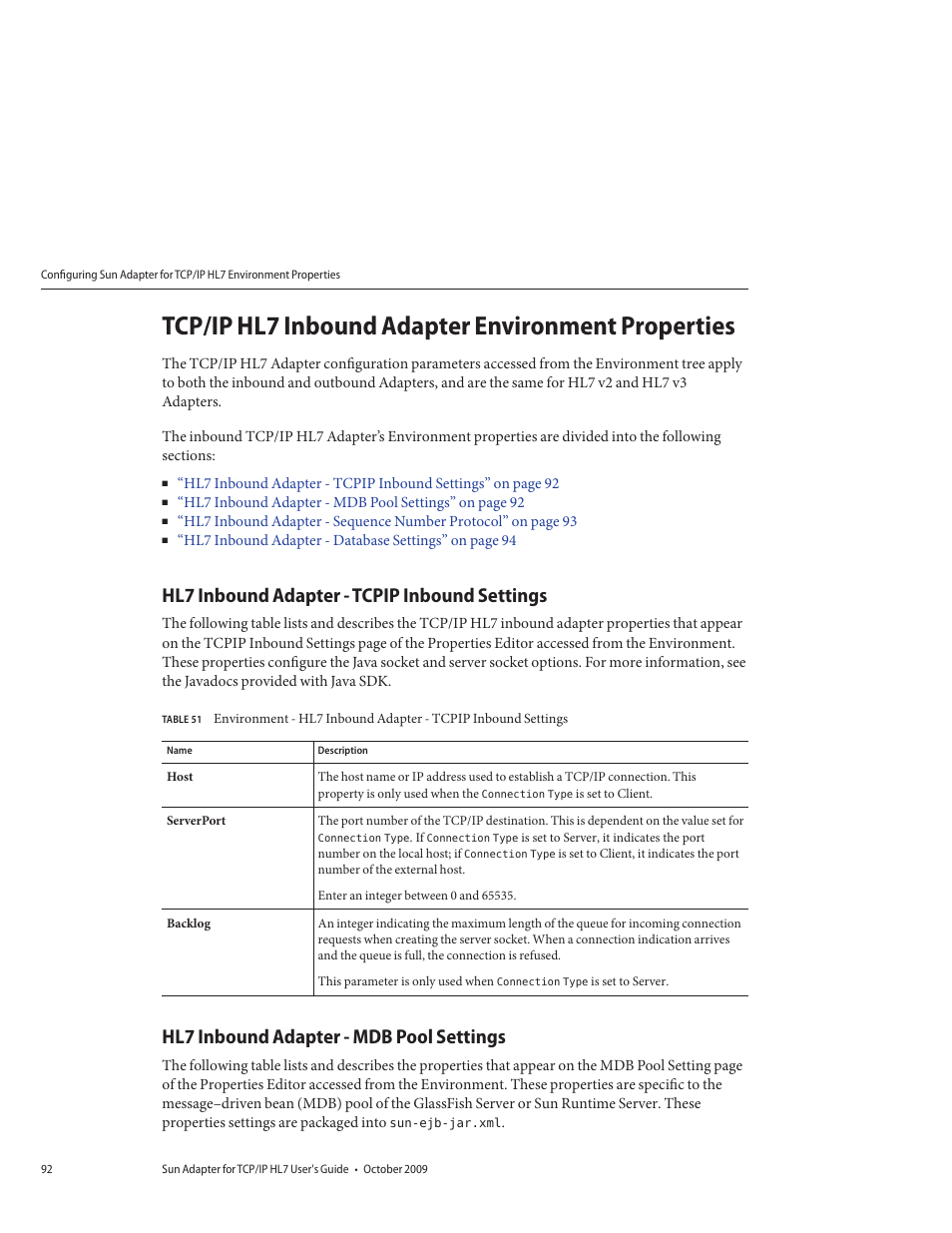 Tcp/ip hl7 inbound adapter environment properties, Hl7 inbound adapter - tcpip inbound settings, Hl7 inbound adapter - mdb pool settings | Tcp/ip hl7 | Sun Microsystems Sun Adapter IP HL 7 User Manual | Page 92 / 150