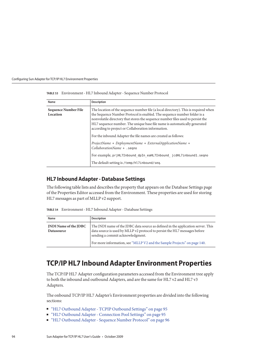 Hl7 inbound adapter - database settings, Tcp/ip hl7 inbound adapter environment properties, Tcp/ip hl7 inbound adapter | Sun Microsystems Sun Adapter IP HL 7 User Manual | Page 94 / 150