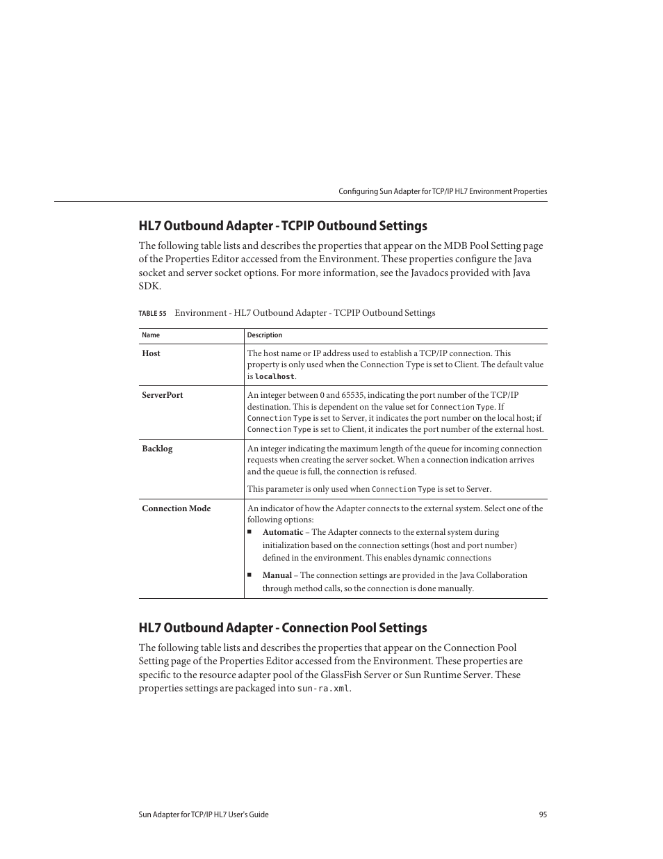 Hl7 outbound adapter - tcpip outbound settings, Hl7 outbound adapter - connection pool settings | Sun Microsystems Sun Adapter IP HL 7 User Manual | Page 95 / 150