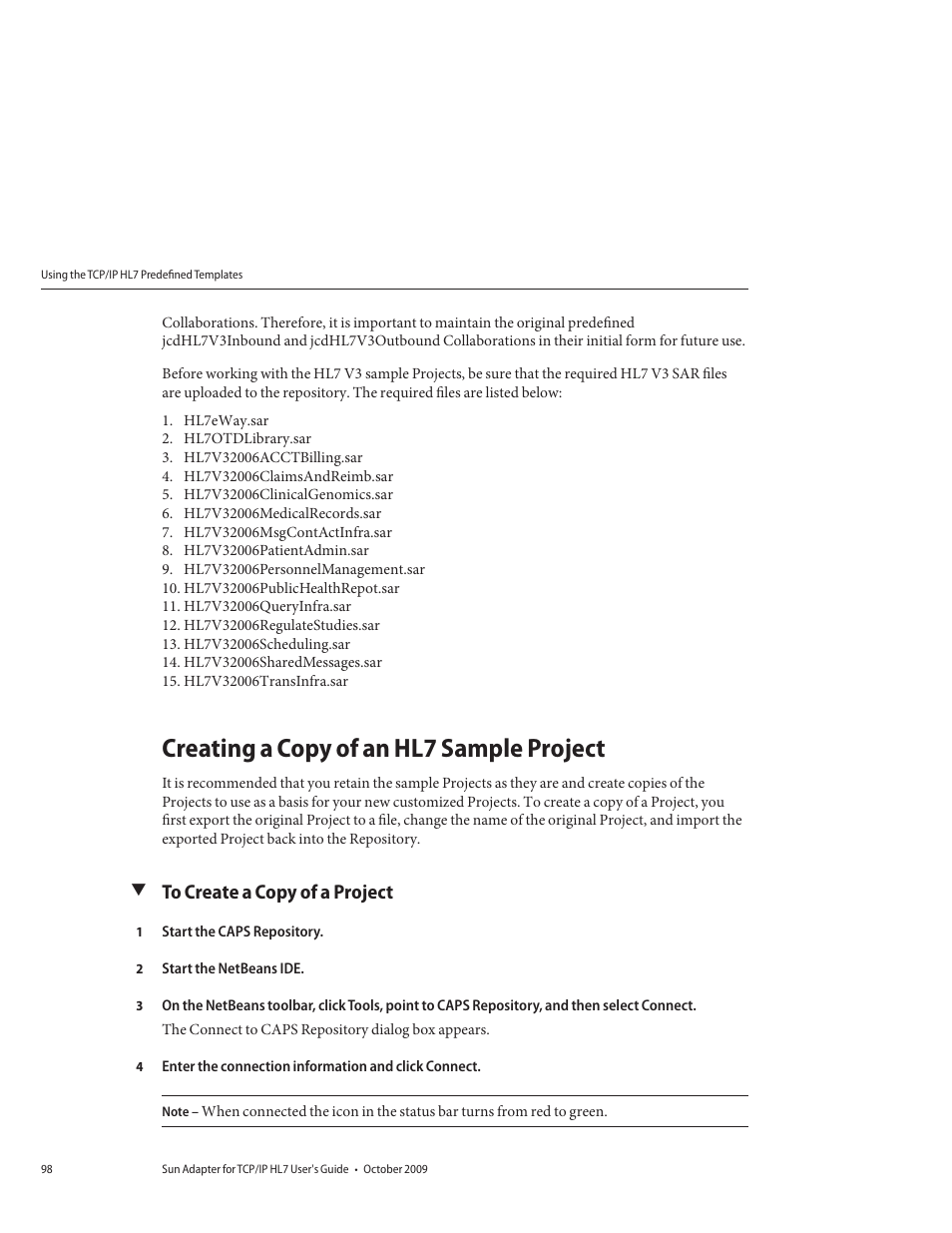 Creating a copy of an hl7 sample project, To create a copy of a project | Sun Microsystems Sun Adapter IP HL 7 User Manual | Page 98 / 150