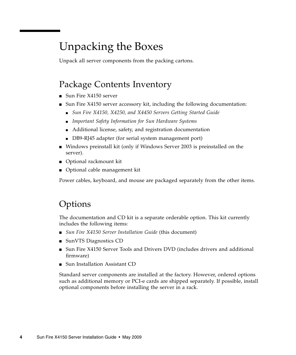 Unpacking the boxes, Package contents inventory, Options | Sun Microsystems X4150 User Manual | Page 14 / 82