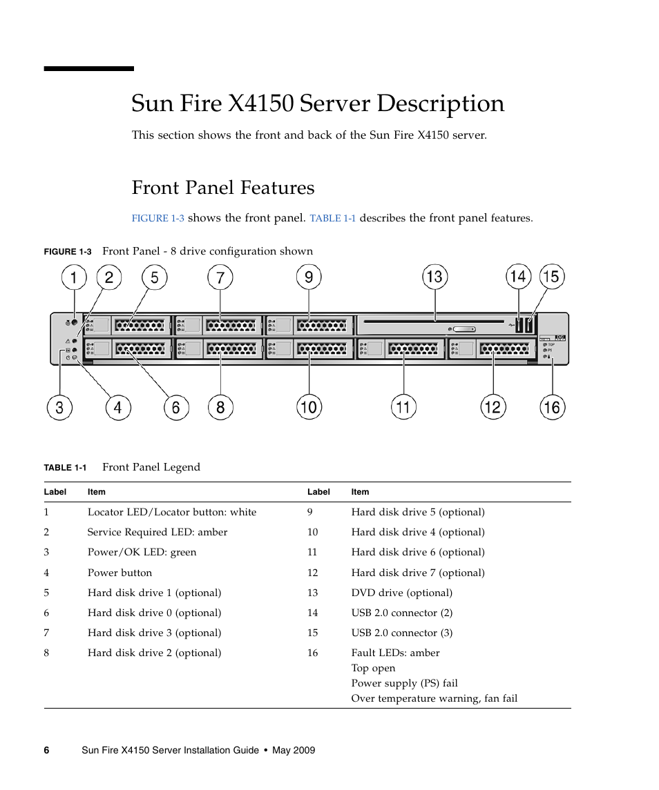 Sun fire x4150 server description, Front panel features | Sun Microsystems X4150 User Manual | Page 16 / 82