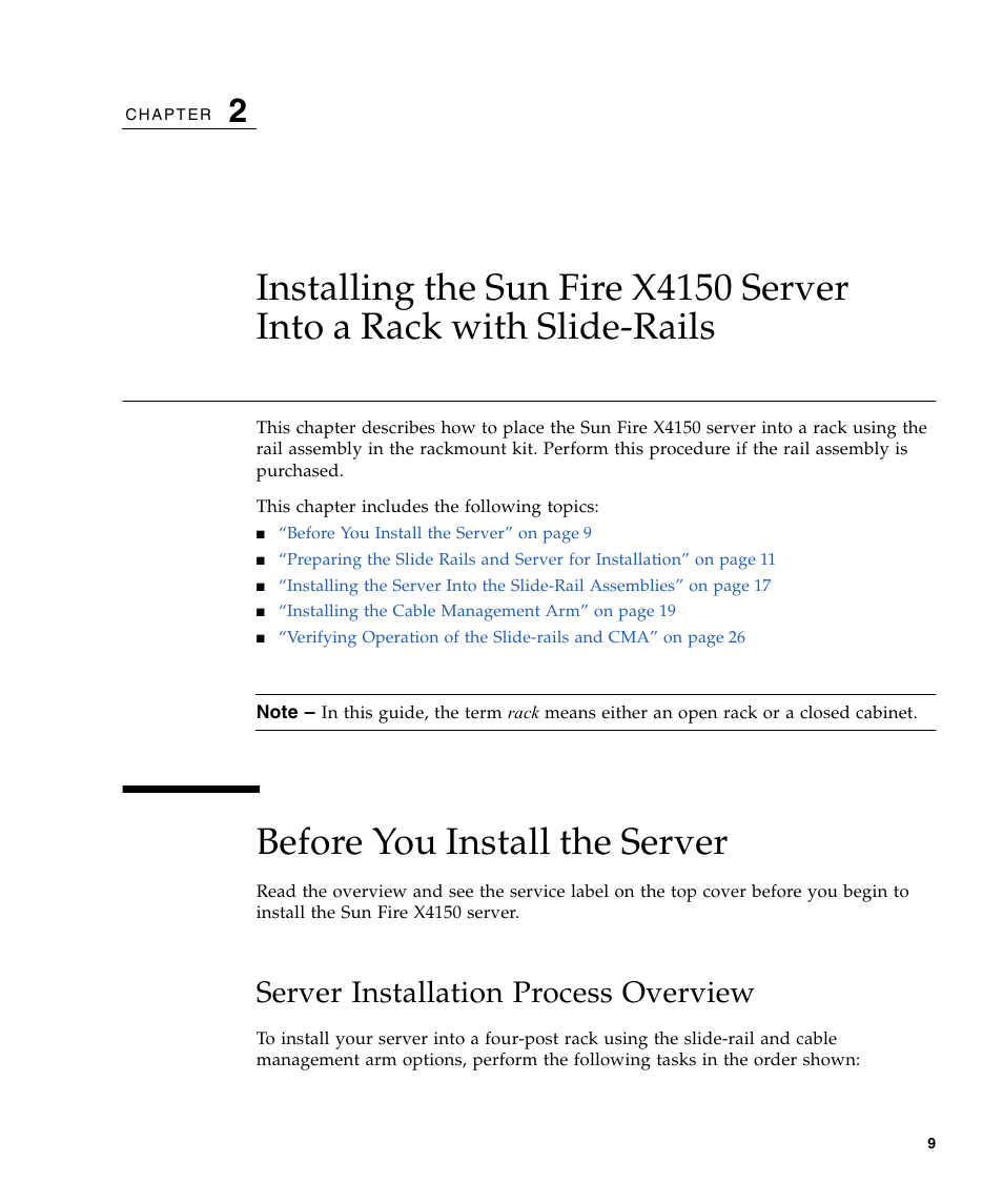 Before you install the server, Server installation process overview, Chapter 2 | Sun Microsystems X4150 User Manual | Page 19 / 82