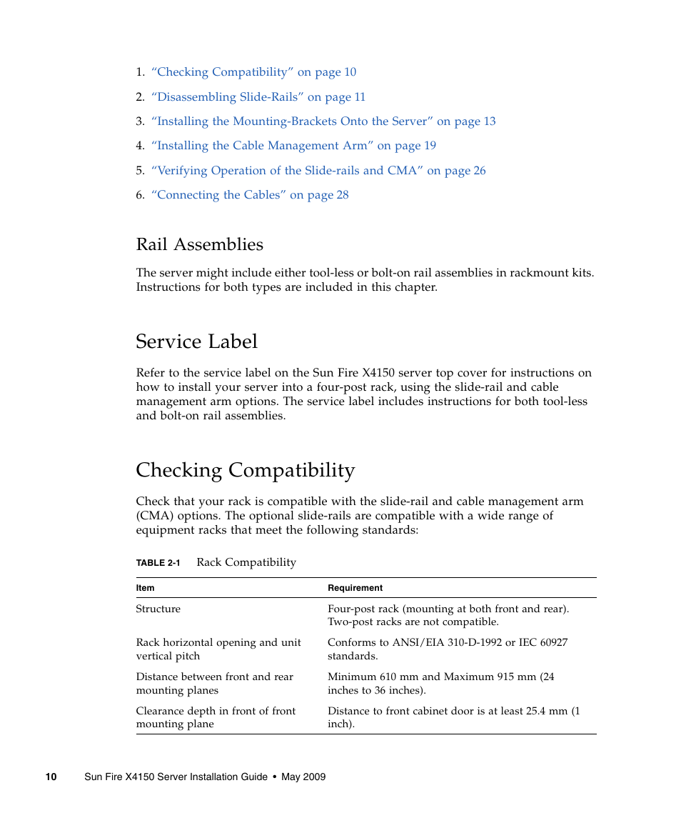 Rail assemblies, Service label, Checking compatibility | Sun Microsystems X4150 User Manual | Page 20 / 82