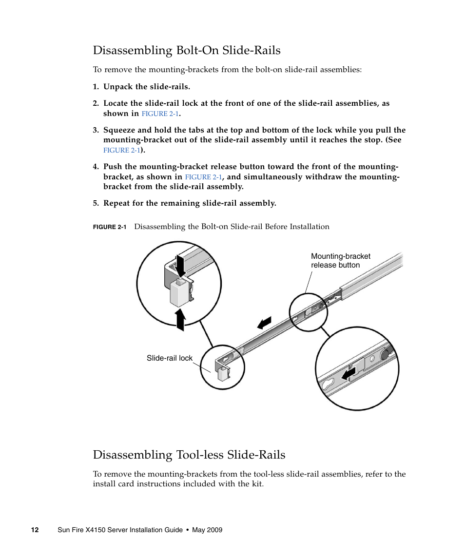 Disassembling bolt-on slide-rails, Disassembling tool-less slide-rails | Sun Microsystems X4150 User Manual | Page 22 / 82