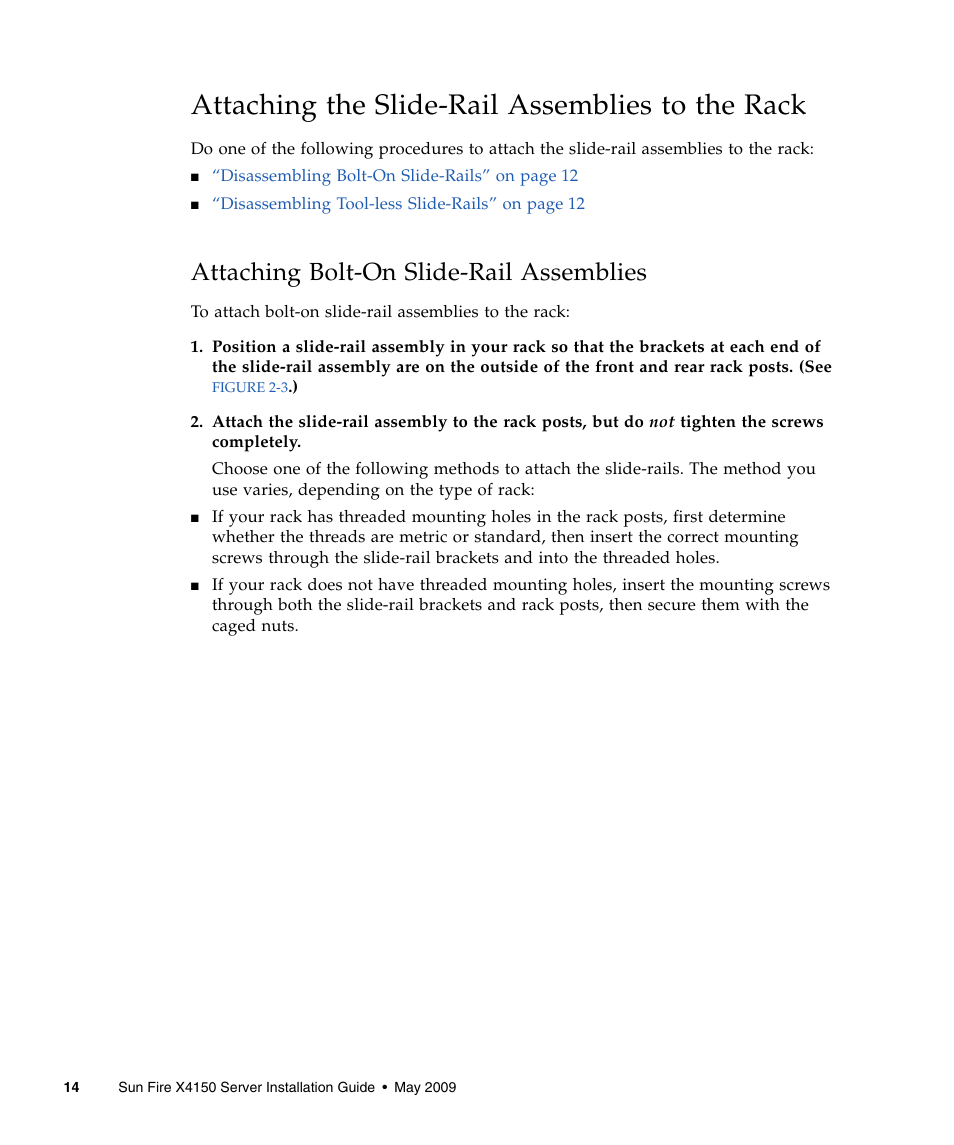 Attaching the slide-rail assemblies to the rack, Attaching bolt-on slide-rail assemblies | Sun Microsystems X4150 User Manual | Page 24 / 82