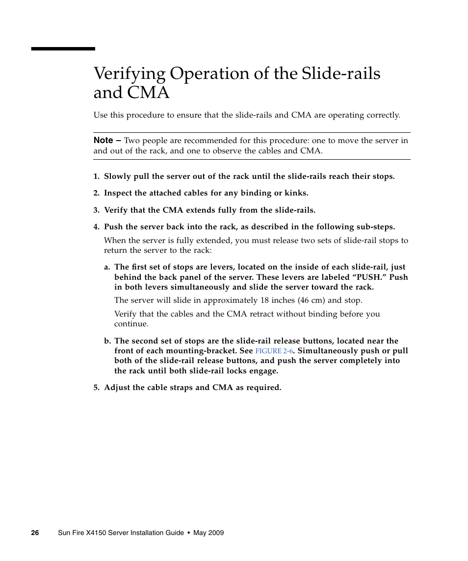 Verifying operation of the slide-rails and cma | Sun Microsystems X4150 User Manual | Page 36 / 82