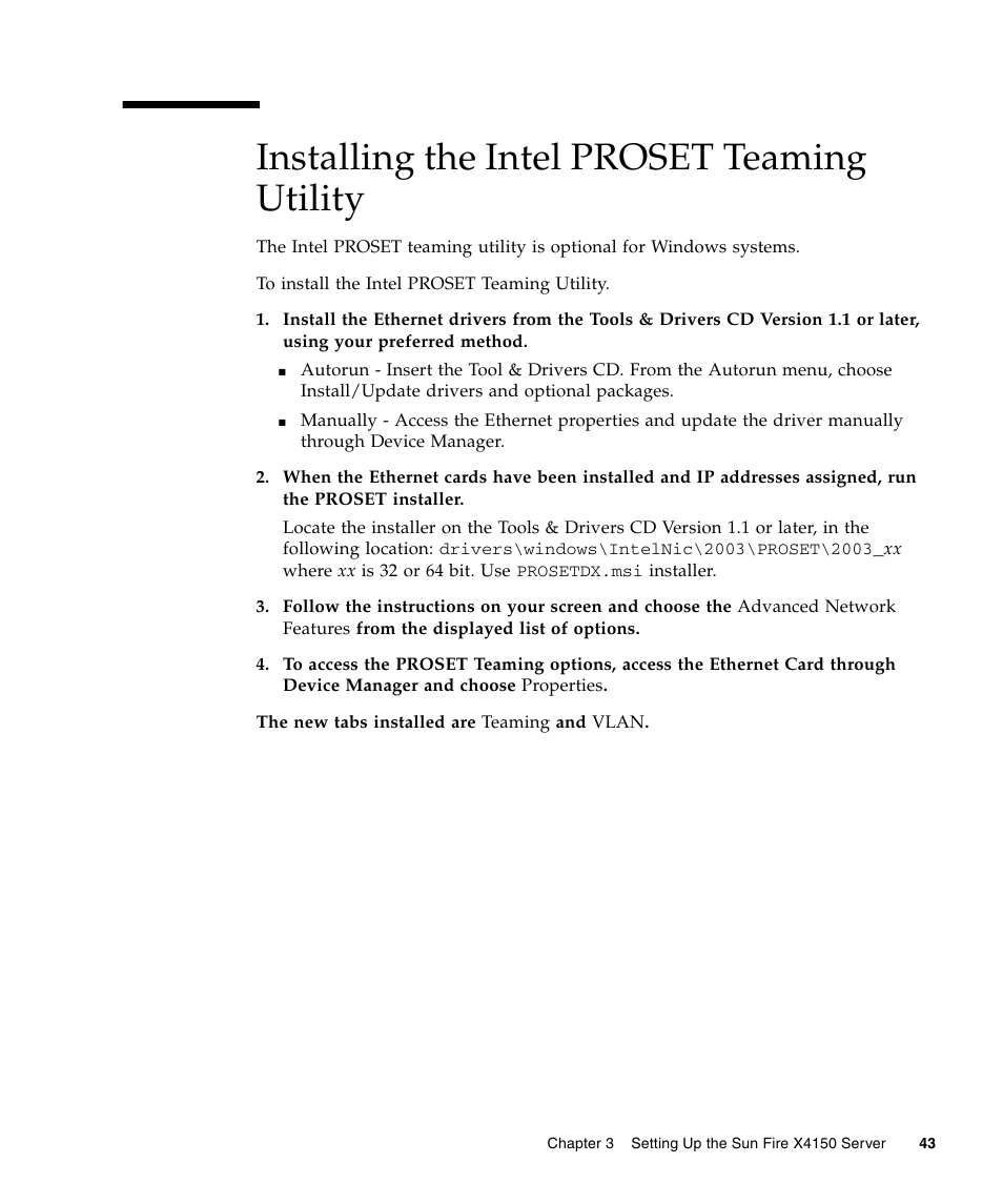 Installing the intel proset teaming utility | Sun Microsystems X4150 User Manual | Page 53 / 82