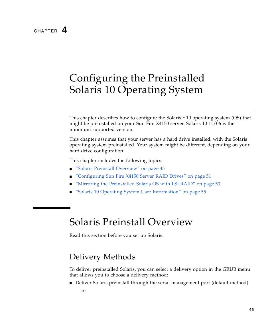 Solaris preinstall overview, Delivery methods, Chapter 4 | Sun Microsystems X4150 User Manual | Page 55 / 82