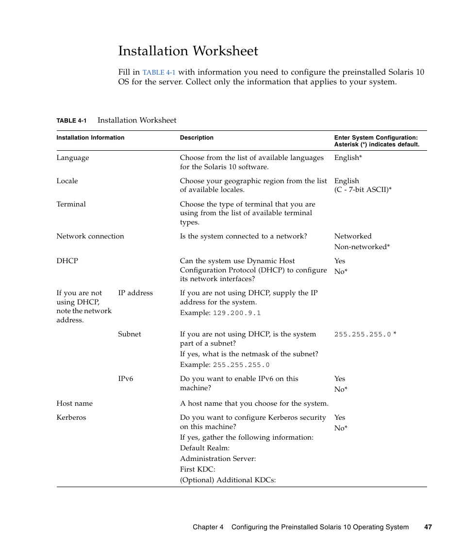 Installation worksheet | Sun Microsystems X4150 User Manual | Page 57 / 82