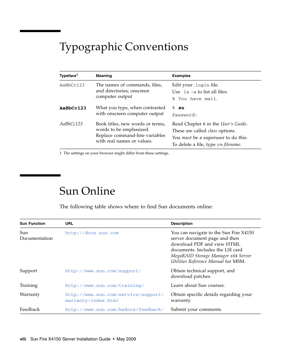 Typographic conventions sun online | Sun Microsystems X4150 User Manual | Page 8 / 82