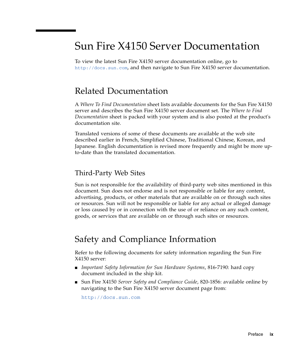 Sun fire x4150 server documentation, Related documentation, Safety and compliance information | Third-party web sites | Sun Microsystems X4150 User Manual | Page 9 / 82