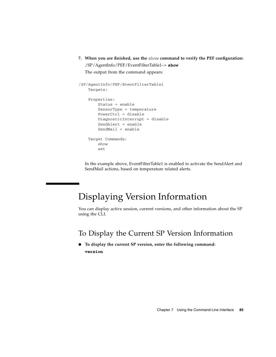 Displaying version information, To display the current sp version information | Sun Microsystems Sun Fire X4150 User Manual | Page 101 / 150