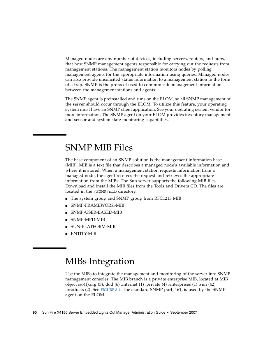 Snmp mib files, Mibs integration | Sun Microsystems Sun Fire X4150 User Manual | Page 106 / 150