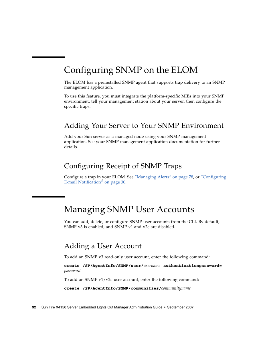 Configuring snmp on the elom, Adding your server to your snmp environment, Configuring receipt of snmp traps | Managing snmp user accounts, Adding a user account | Sun Microsystems Sun Fire X4150 User Manual | Page 108 / 150