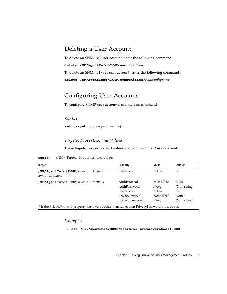 Deleting a user account, Configuring user accounts, Syntax | Targets, properties, and values, Examples | Sun Microsystems Sun Fire X4150 User Manual | Page 109 / 150