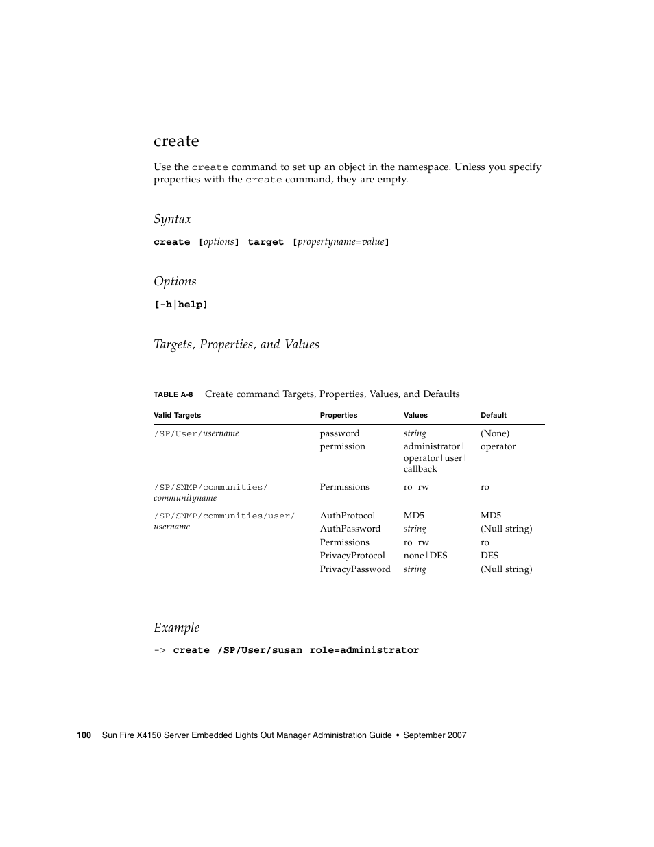 Create, Syntax, Options | Targets, properties, and values example | Sun Microsystems Sun Fire X4150 User Manual | Page 116 / 150