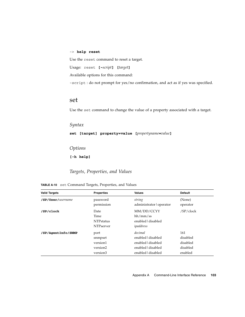 Syntax, Options, Targets, properties, and values | Sun Microsystems Sun Fire X4150 User Manual | Page 119 / 150