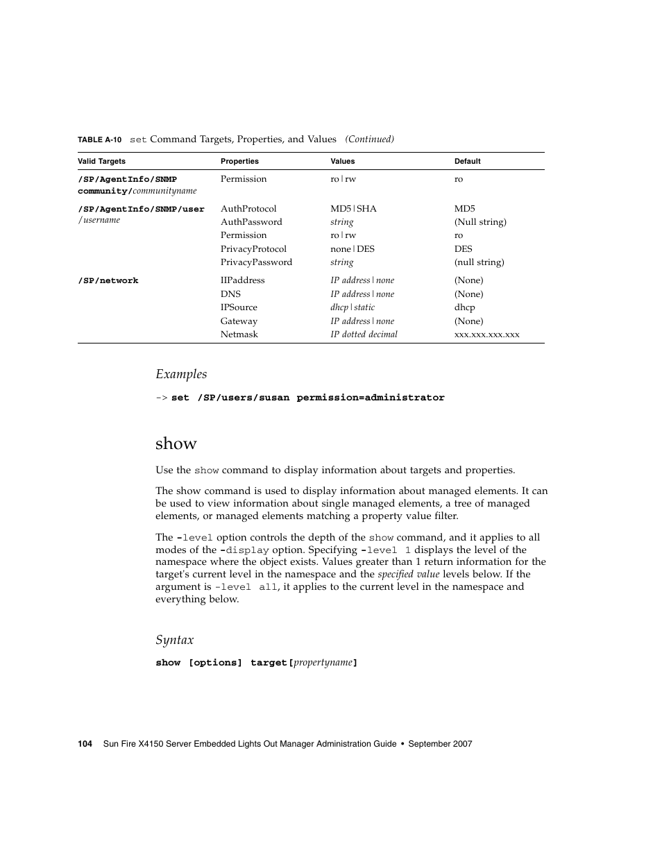 Show, Examples, Syntax | Sun Microsystems Sun Fire X4150 User Manual | Page 120 / 150