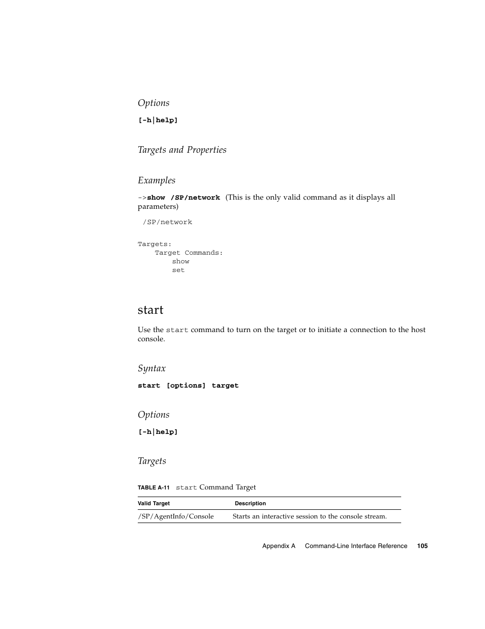 Start, Options, Targets and properties examples | Syntax, Targets | Sun Microsystems Sun Fire X4150 User Manual | Page 121 / 150