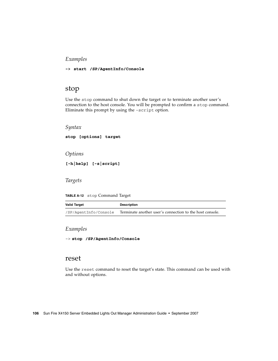 Stop, Reset | Sun Microsystems Sun Fire X4150 User Manual | Page 122 / 150