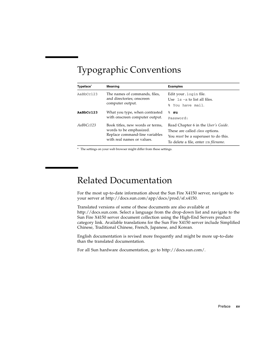 Typographic conventions related documentation | Sun Microsystems Sun Fire X4150 User Manual | Page 15 / 150