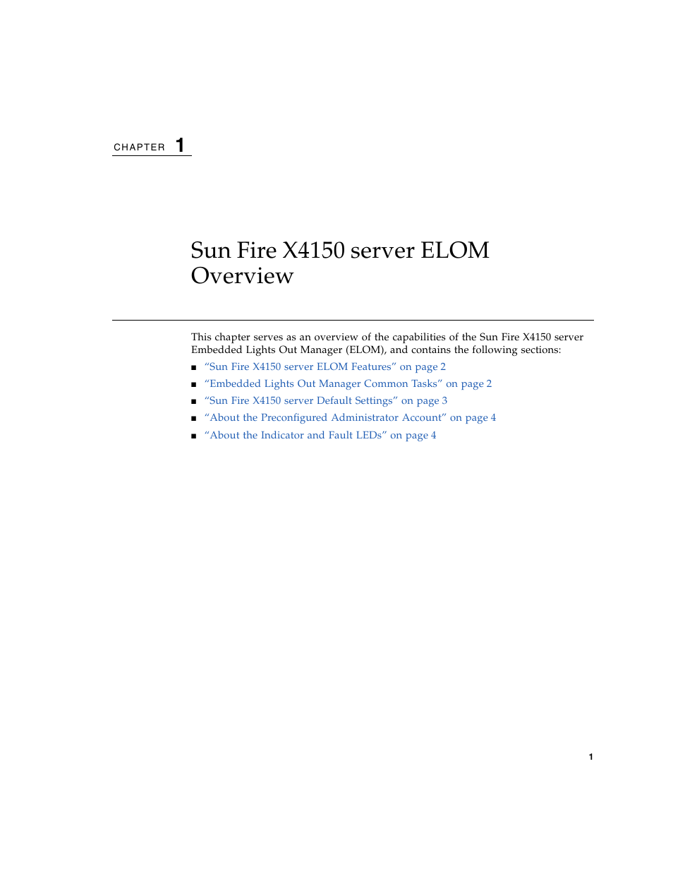 Sun fire x4150 server elom overview, Chapter 1 | Sun Microsystems Sun Fire X4150 User Manual | Page 17 / 150