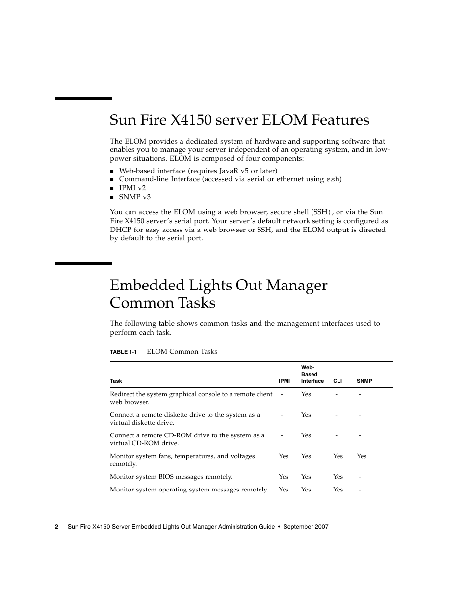 Sun fire x4150 server elom features, Embedded lights out manager common tasks | Sun Microsystems Sun Fire X4150 User Manual | Page 18 / 150