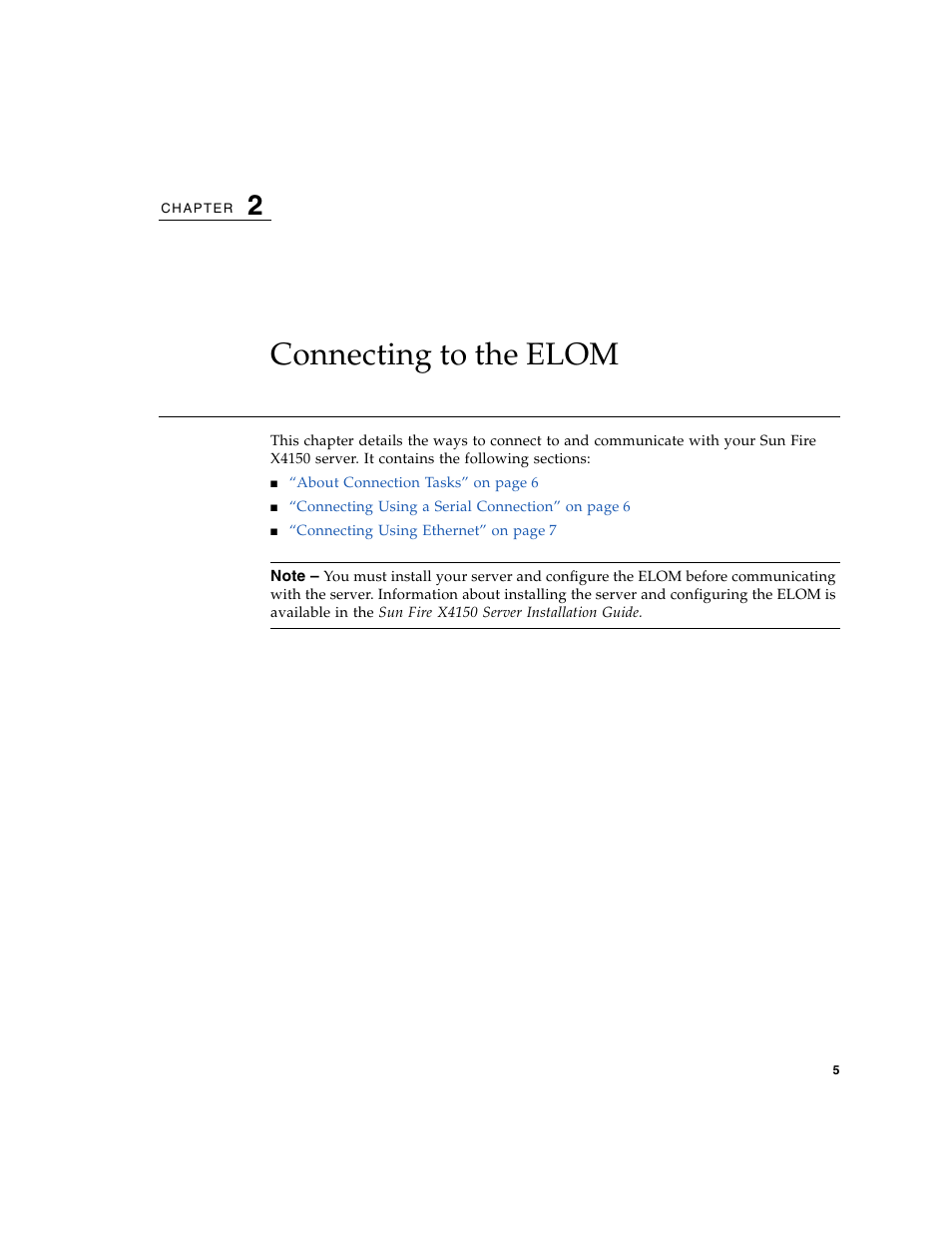 Connecting to the elom, Chapter 2 | Sun Microsystems Sun Fire X4150 User Manual | Page 21 / 150