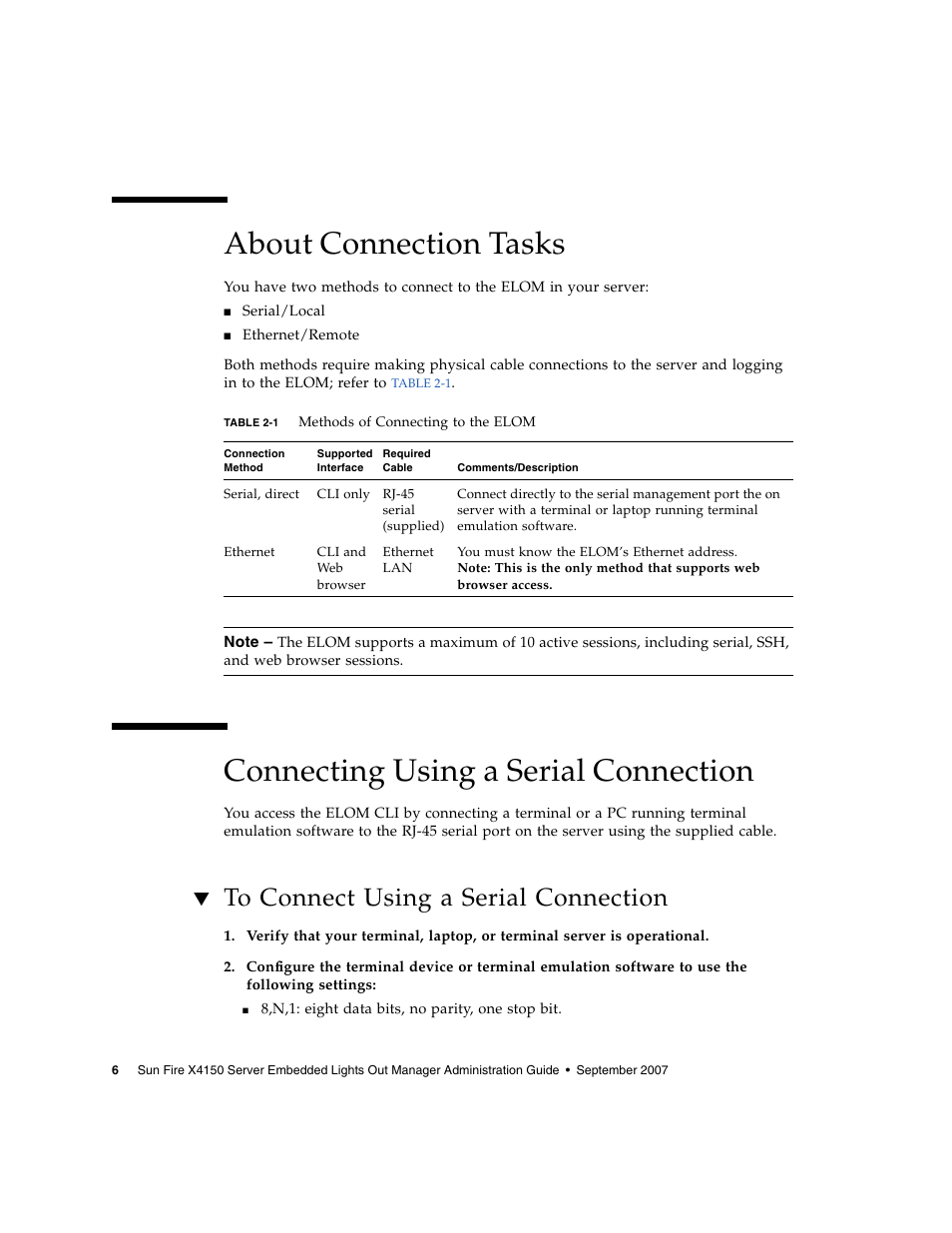 About connection tasks, Connecting using a serial connection, To connect using a serial connection | Sun Microsystems Sun Fire X4150 User Manual | Page 22 / 150