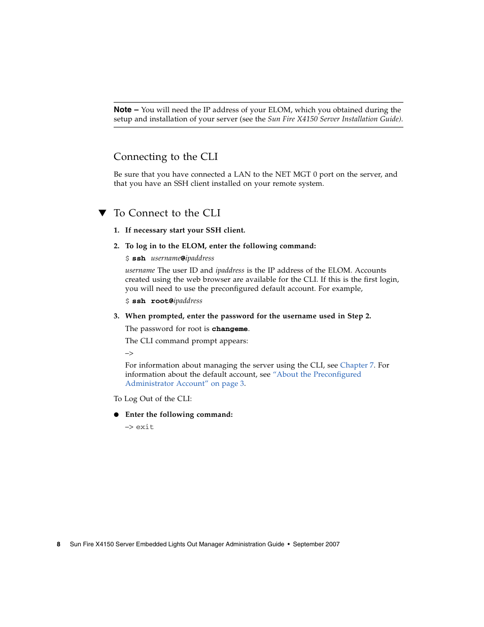 Connecting to the cli, To connect to the cli | Sun Microsystems Sun Fire X4150 User Manual | Page 24 / 150