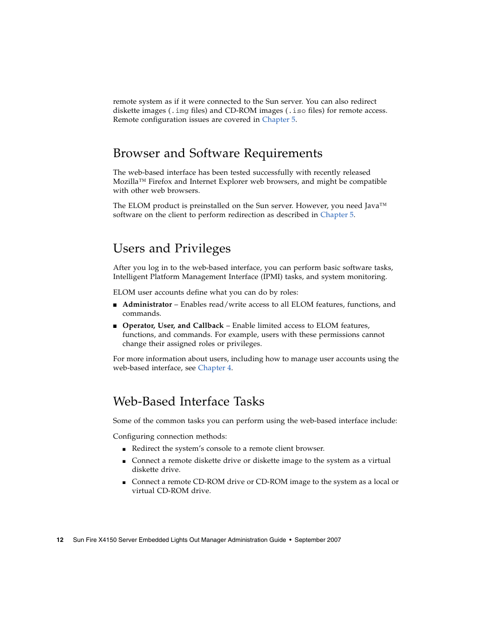 Browser and software requirements, Users and privileges, Web-based interface tasks | Sun Microsystems Sun Fire X4150 User Manual | Page 28 / 150