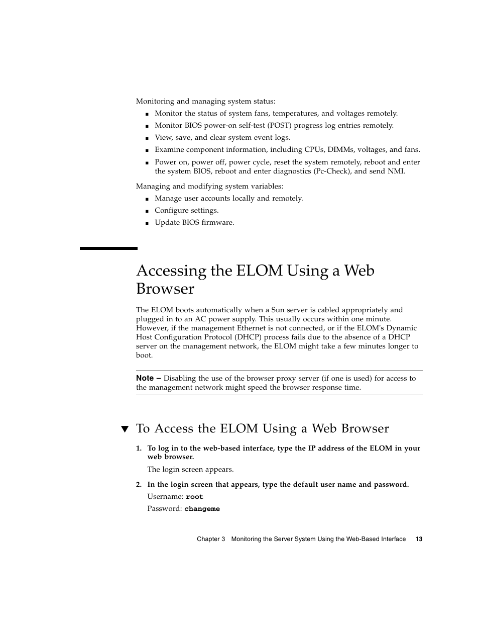 Accessing the elom using a web browser, To access the elom using a web browser | Sun Microsystems Sun Fire X4150 User Manual | Page 29 / 150