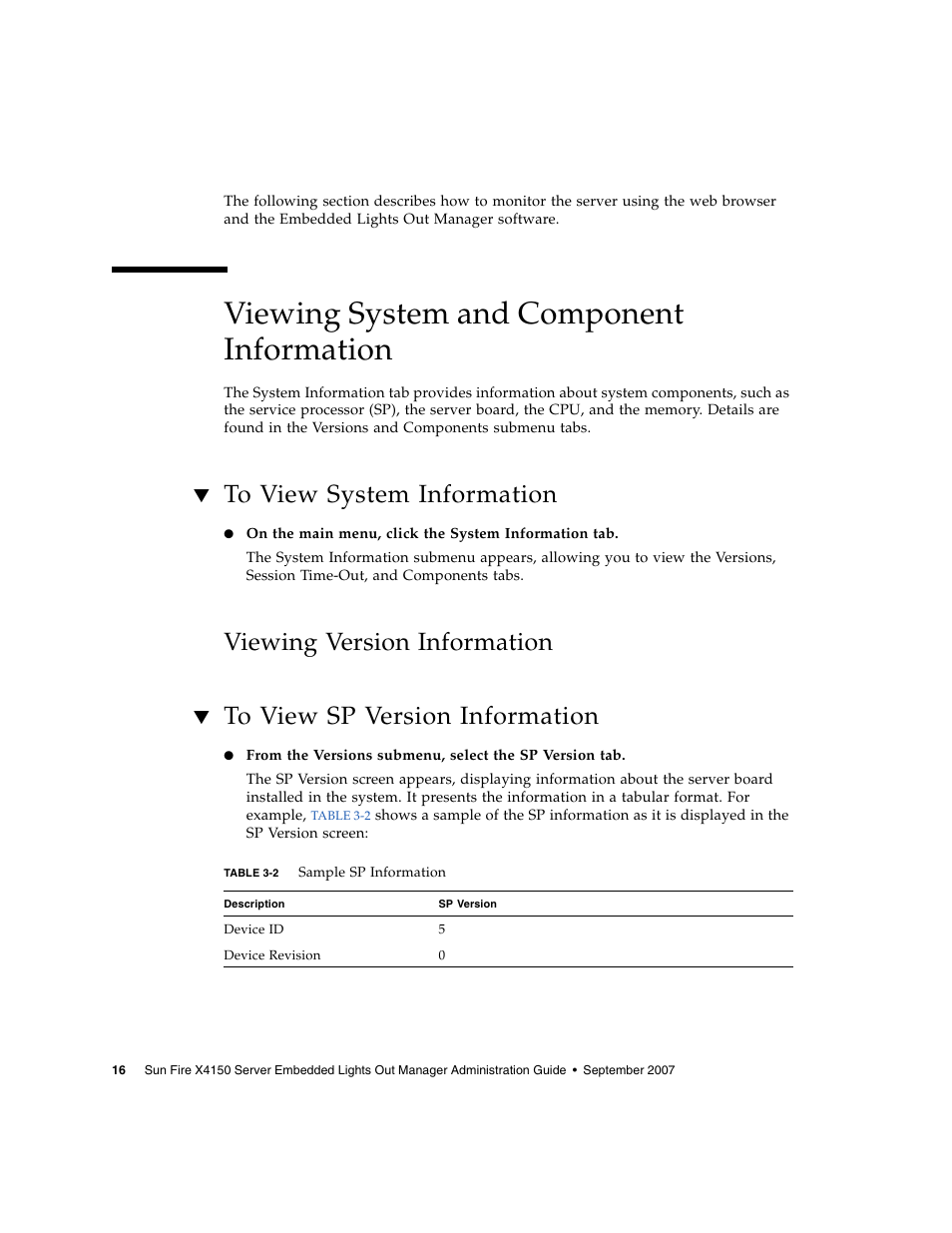 Viewing system and component information, To view system information, Viewing version information | To view sp version information | Sun Microsystems Sun Fire X4150 User Manual | Page 32 / 150