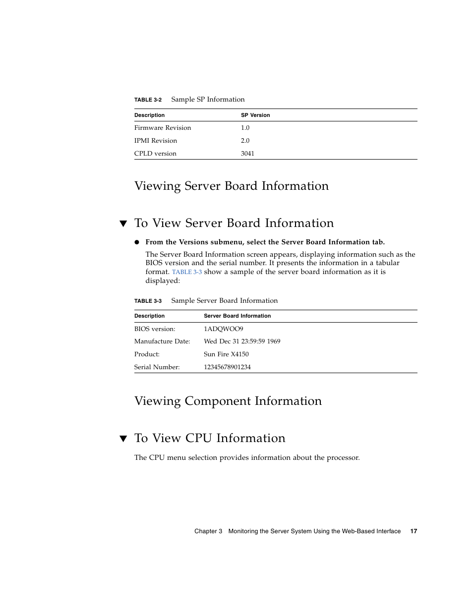 Viewing server board information, To view server board information, Viewing component information | To view cpu information | Sun Microsystems Sun Fire X4150 User Manual | Page 33 / 150