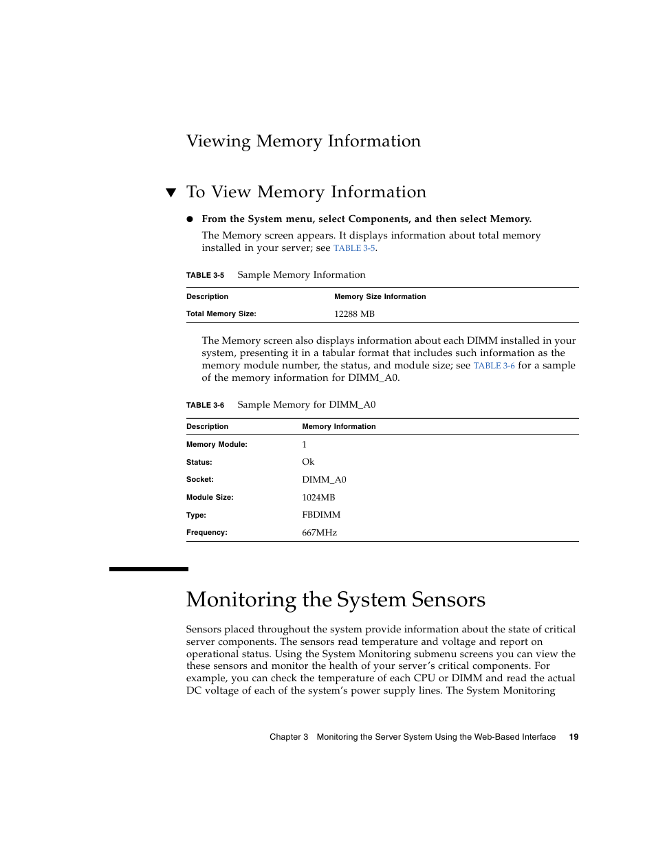 Viewing memory information, To view memory information, Monitoring the system sensors | Sun Microsystems Sun Fire X4150 User Manual | Page 35 / 150