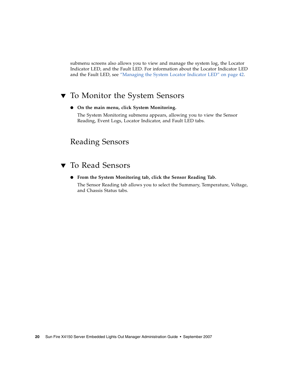 To monitor the system sensors, Reading sensors, To read sensors | Sun Microsystems Sun Fire X4150 User Manual | Page 36 / 150