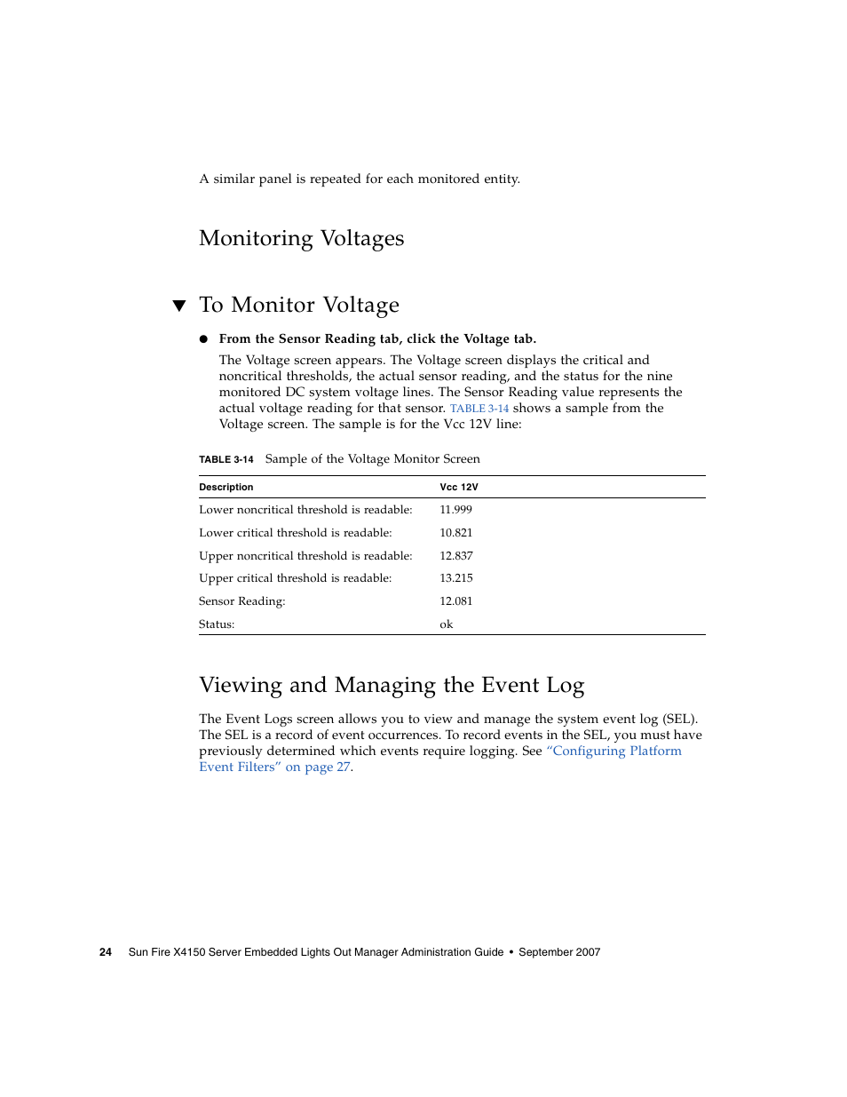 Monitoring voltages, To monitor voltage, Viewing and managing the event log | Sun Microsystems Sun Fire X4150 User Manual | Page 40 / 150