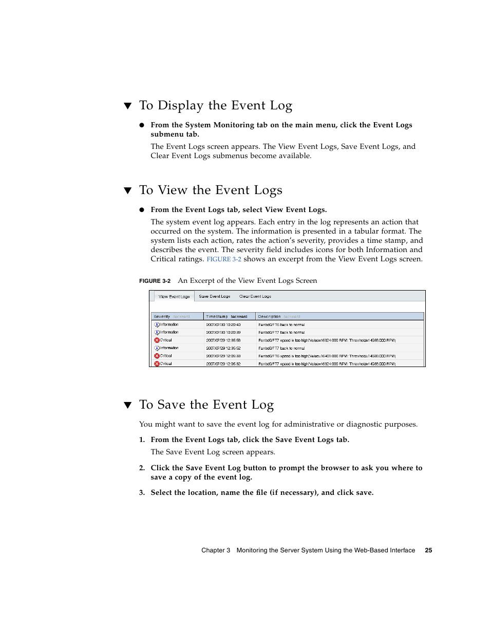 To display the event log, To view the event logs, To save the event log | Figure 3-2 | Sun Microsystems Sun Fire X4150 User Manual | Page 41 / 150