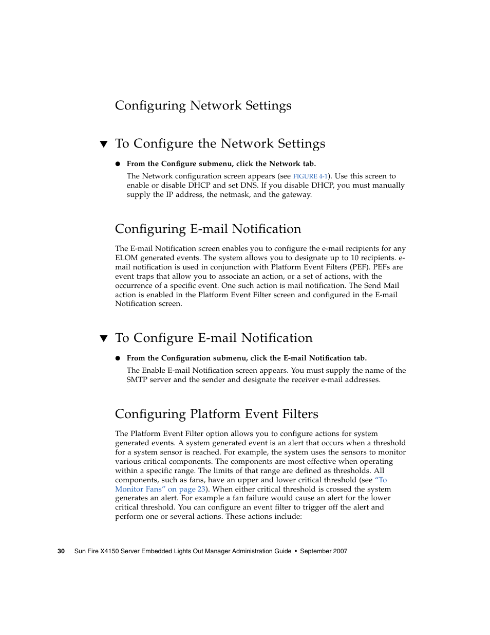 Configuring network settings, To configure the network settings, Configuring e-mail notification | To configure e-mail notification, Configuring platform event filters | Sun Microsystems Sun Fire X4150 User Manual | Page 46 / 150