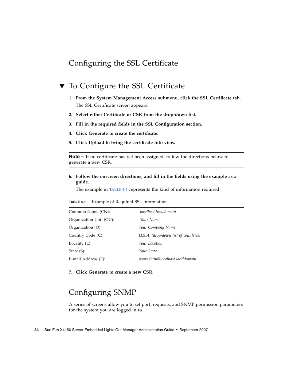 Configuring the ssl certificate, To configure the ssl certificate, Configuring snmp | Sun Microsystems Sun Fire X4150 User Manual | Page 50 / 150