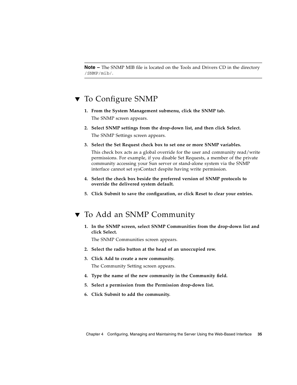 To configure snmp, To add an snmp community | Sun Microsystems Sun Fire X4150 User Manual | Page 51 / 150