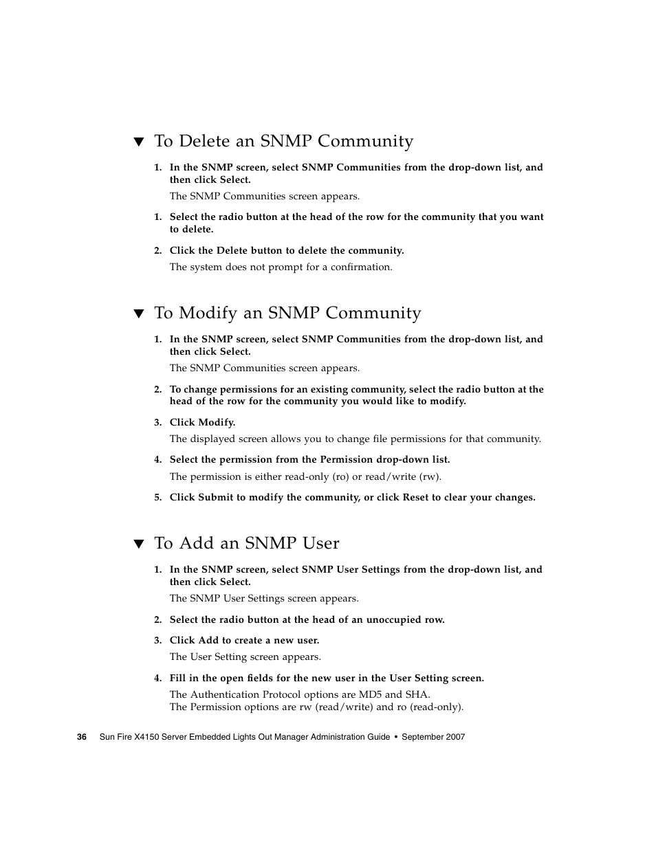 To delete an snmp community, To modify an snmp community, To add an snmp user | Sun Microsystems Sun Fire X4150 User Manual | Page 52 / 150