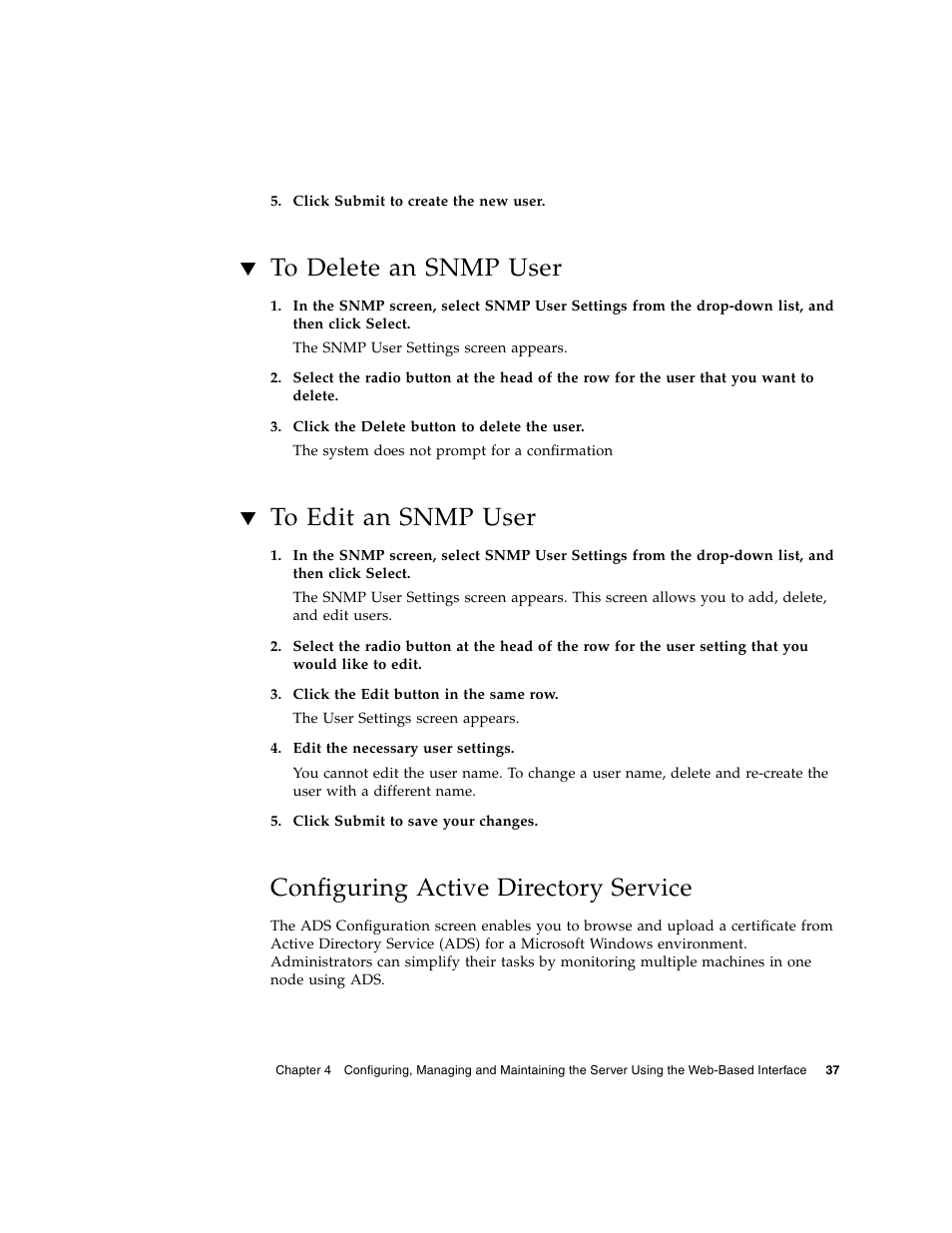 To delete an snmp user, To edit an snmp user, Configuring active directory service | Sun Microsystems Sun Fire X4150 User Manual | Page 53 / 150