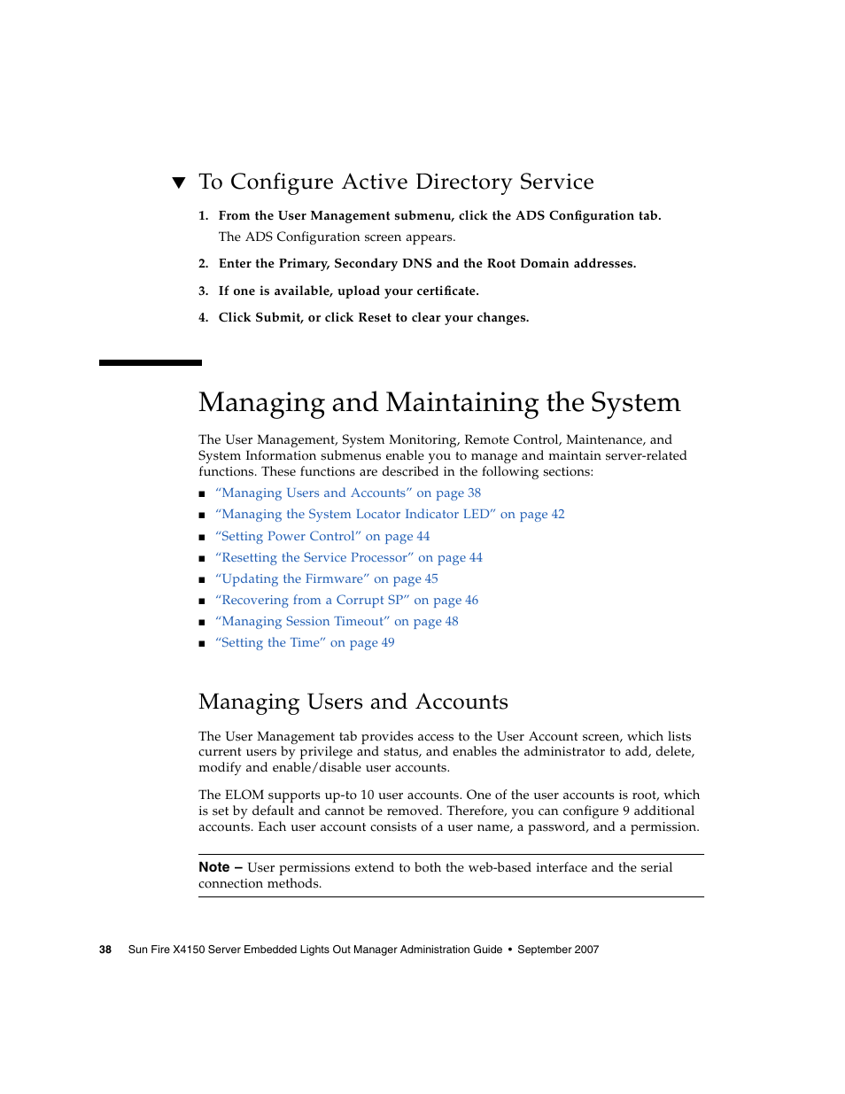 To configure active directory service, Managing and maintaining the system, Managing users and accounts | Sun Microsystems Sun Fire X4150 User Manual | Page 54 / 150