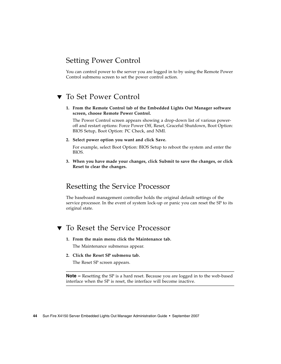 Setting power control, To set power control, Resetting the service processor | To reset the service processor, Resetting the service | Sun Microsystems Sun Fire X4150 User Manual | Page 60 / 150